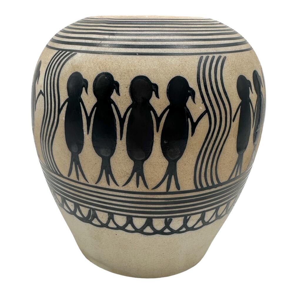 Saura or Warli Indian Tribal Folk Art Black Cream Ceramic Vase Urn w Children